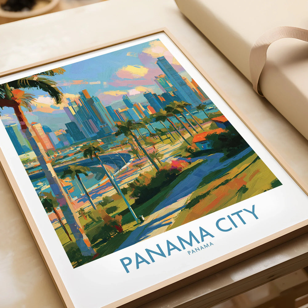 Vibrant Panama City skyline art print with palm trees and colorful cityscape for home decor
