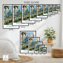 Panama City skyline art print size guide with palm trees, modern cityscape, and wall decor options