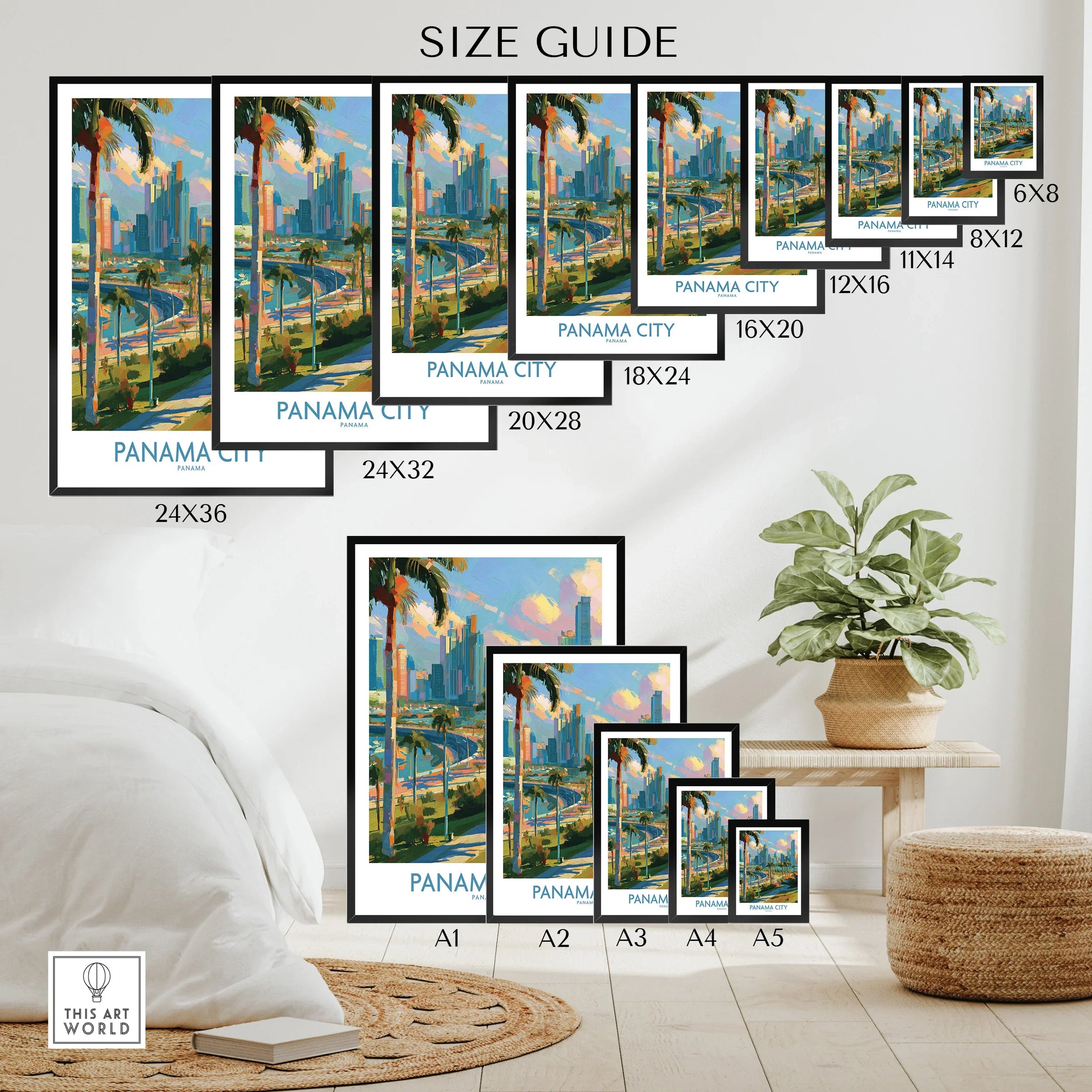 Panama City skyline art print size guide with palm trees, modern cityscape, and wall decor options