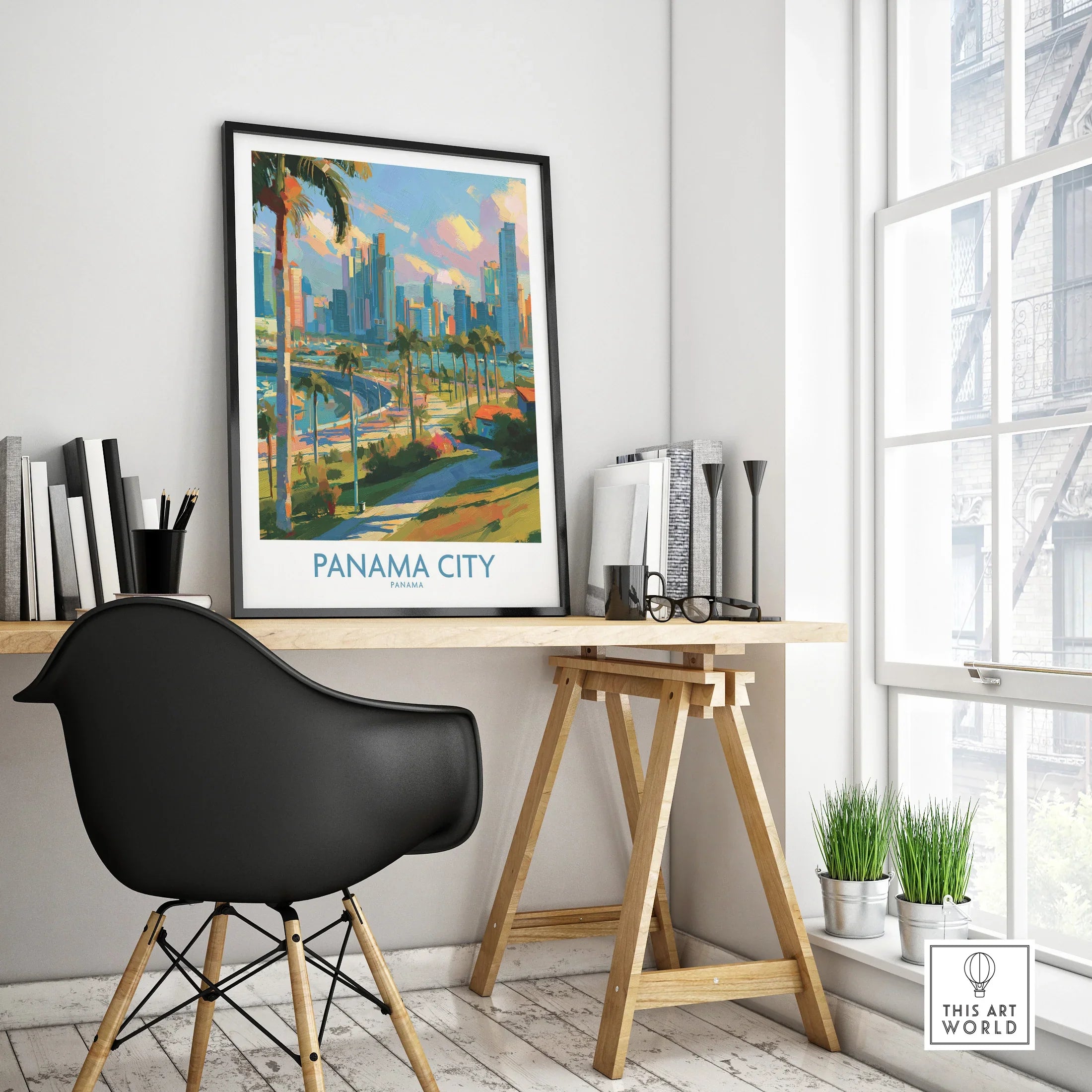 Panama City travel poster with skyline and palm trees, modern home office wall art decor