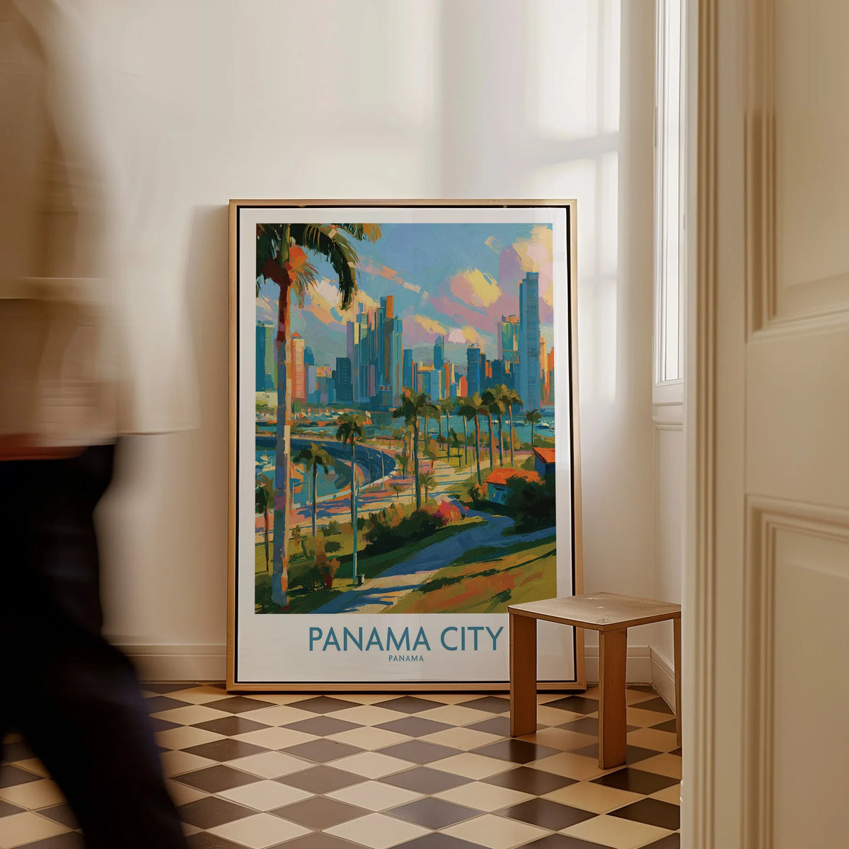 Panama City travel poster with skyline, palm trees, and vibrant colors for home decor