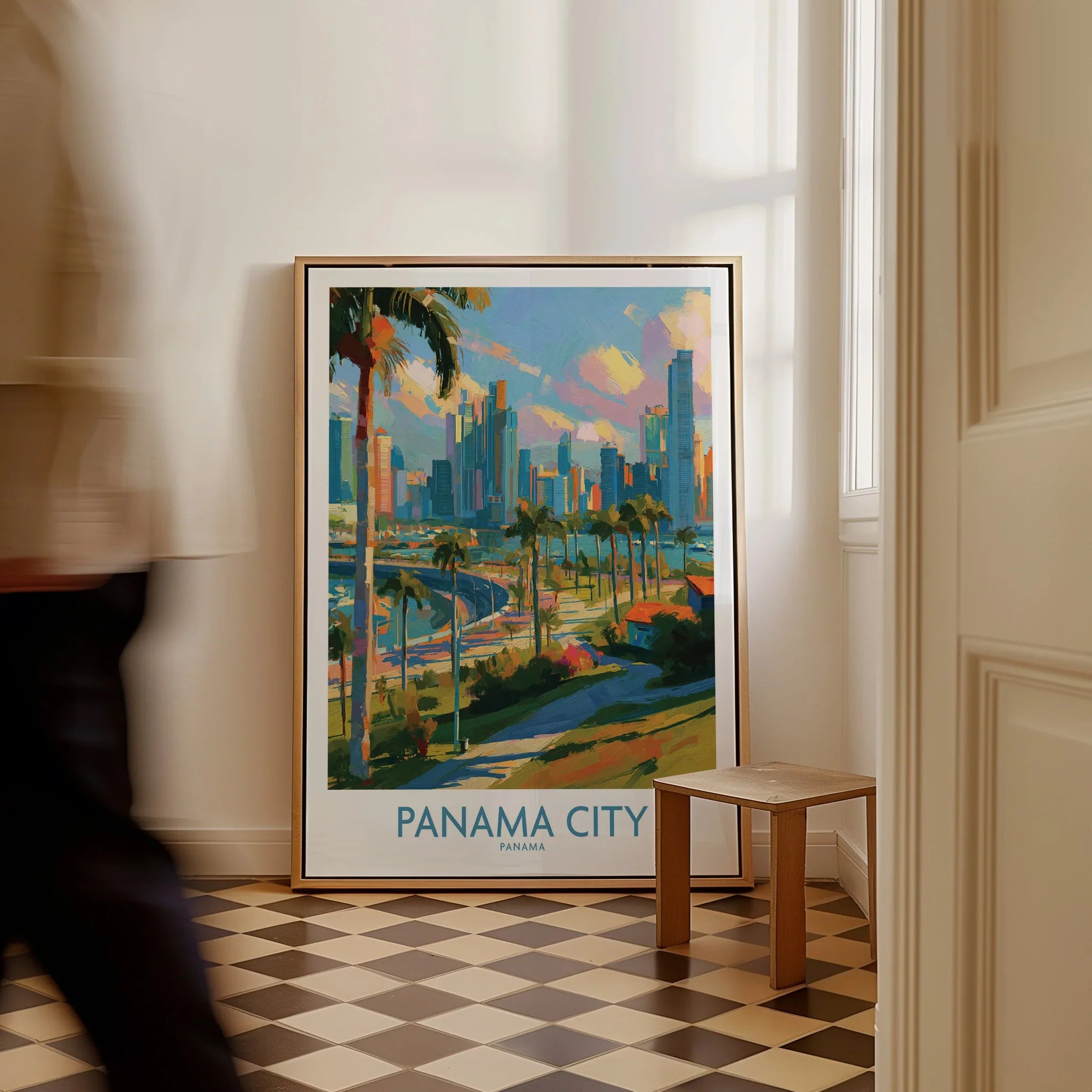 Panama City travel poster with skyline, palm trees, and vibrant colors for home decor