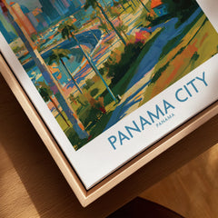 Vibrant Panama City travel poster print with palm trees, skyline, and river, perfect wall art for home decor.
