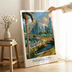 Panama City travel poster with skyline, palm trees, and vibrant colors for wall art decor