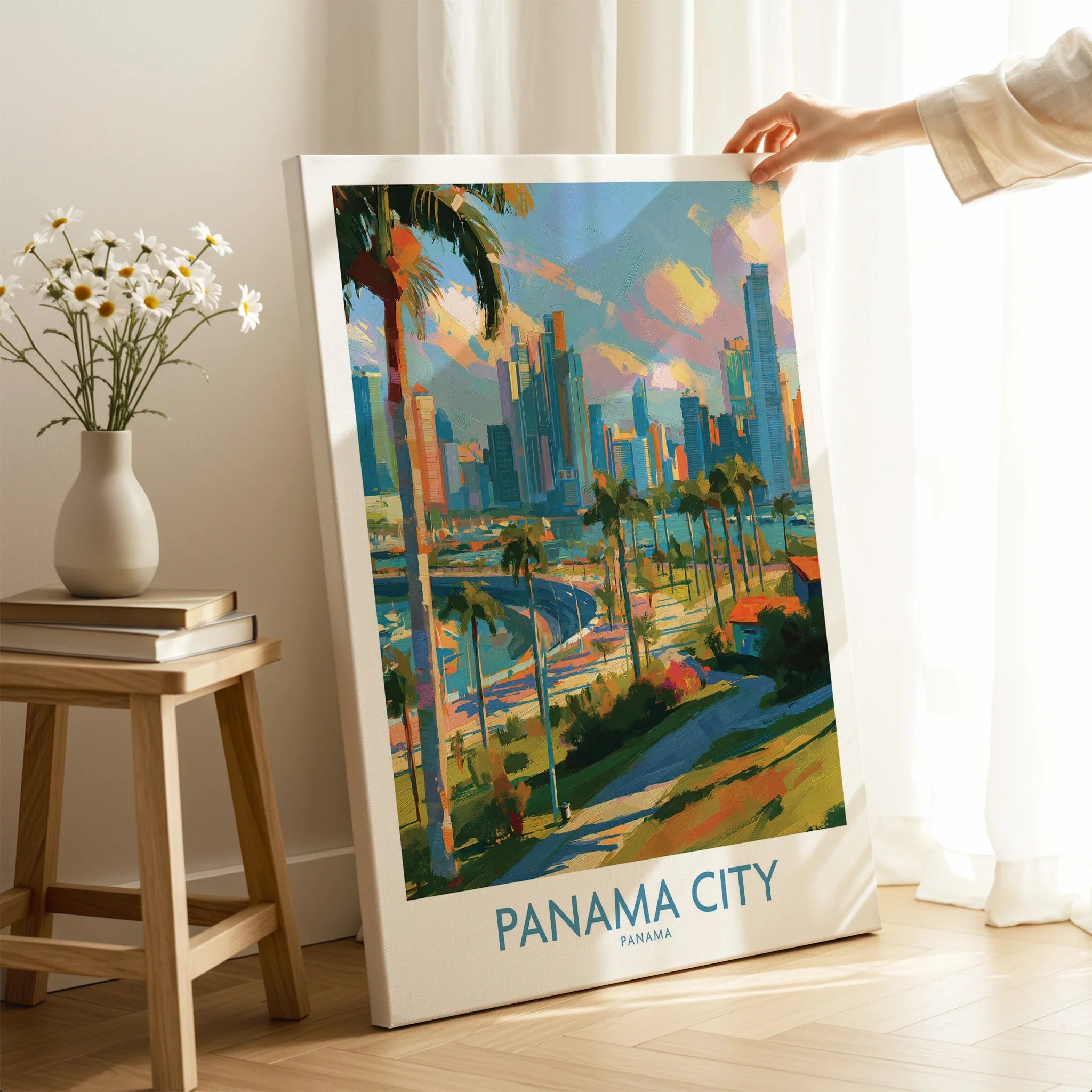 Panama City travel poster with skyline, palm trees, and vibrant colors for wall art decor