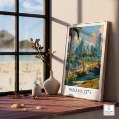 Panama City travel poster with vibrant skyline, palm trees, and coastal views for home decor