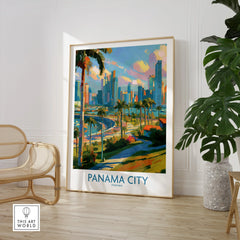 Vibrant Panama City skyline travel poster with palm trees and colorful cityscape for home decor