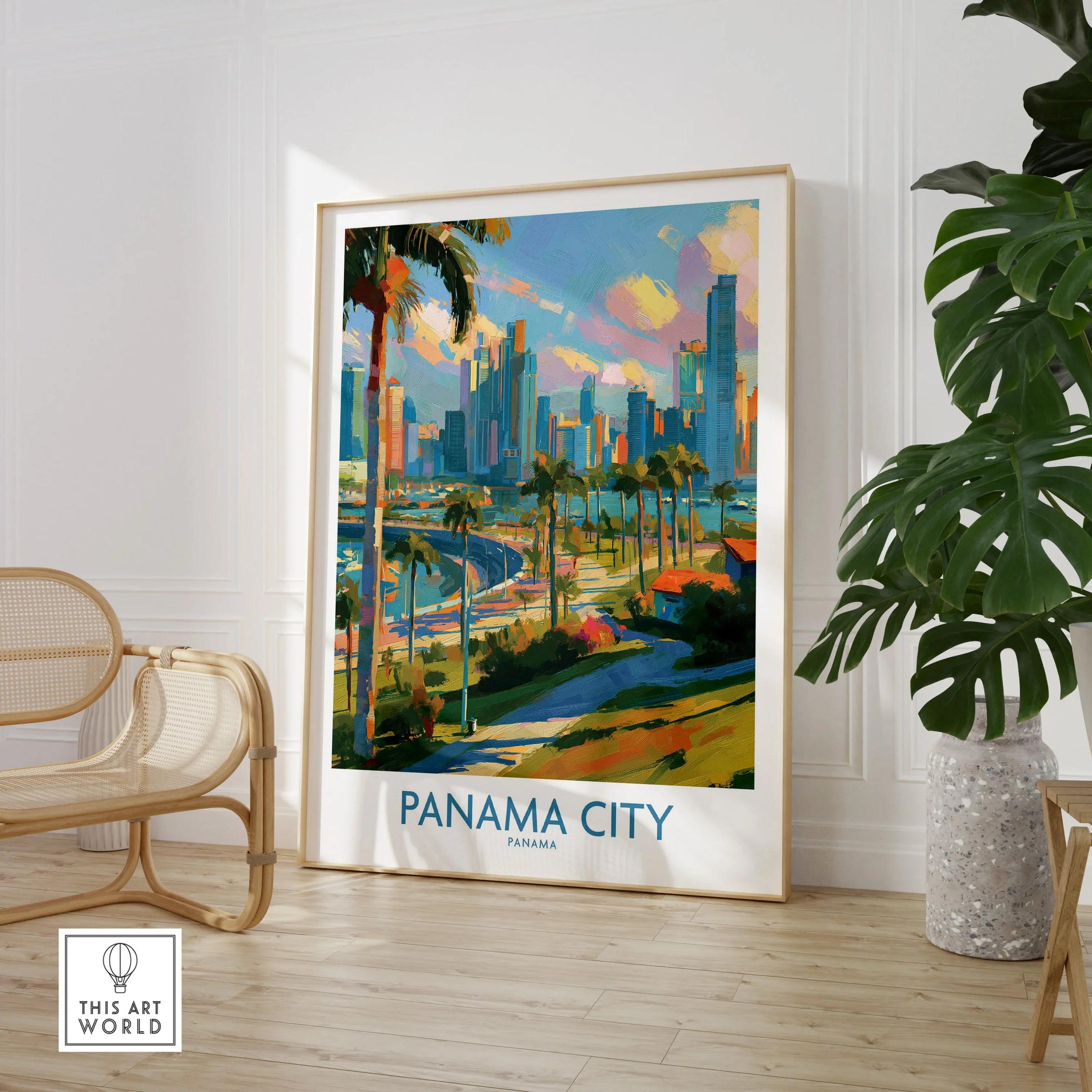 Vibrant Panama City skyline travel poster with palm trees and colorful cityscape for home decor