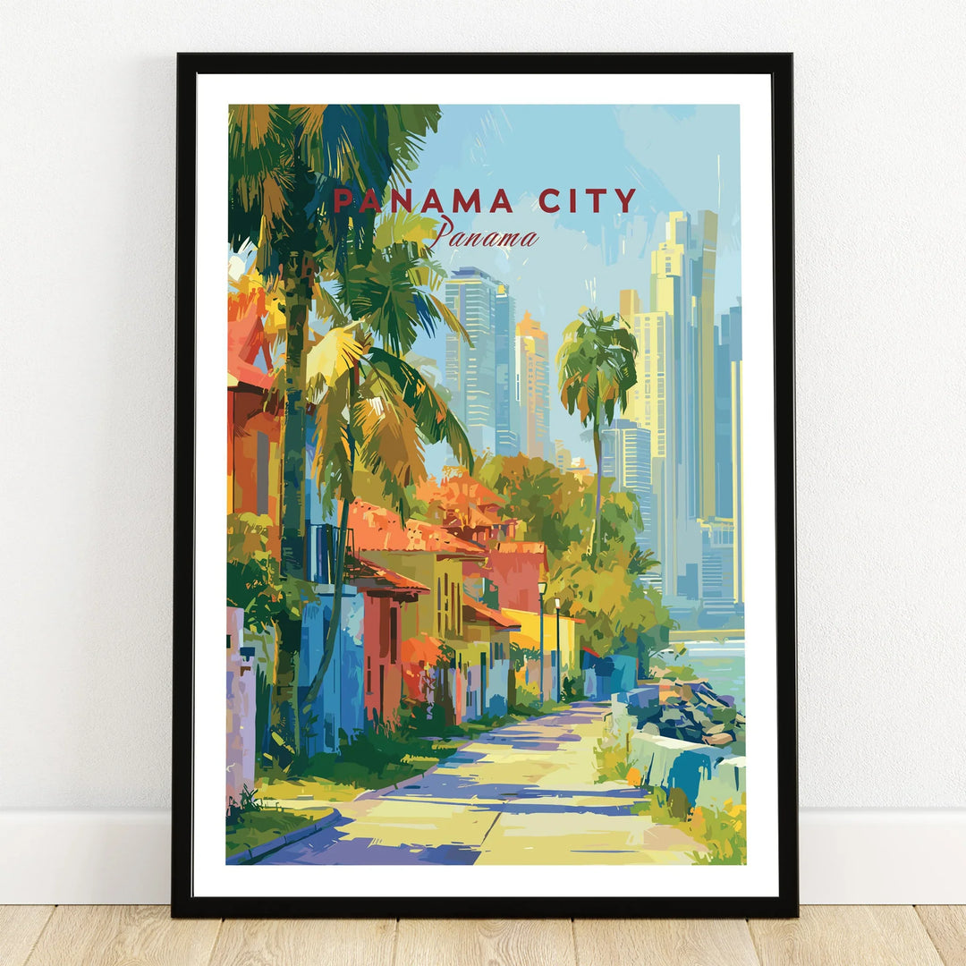 Panama City travel poster with colorful streets, palm trees, and skyline art for home decor