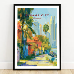 Panama City travel poster with colorful streets, palm trees, and skyline art for home decor