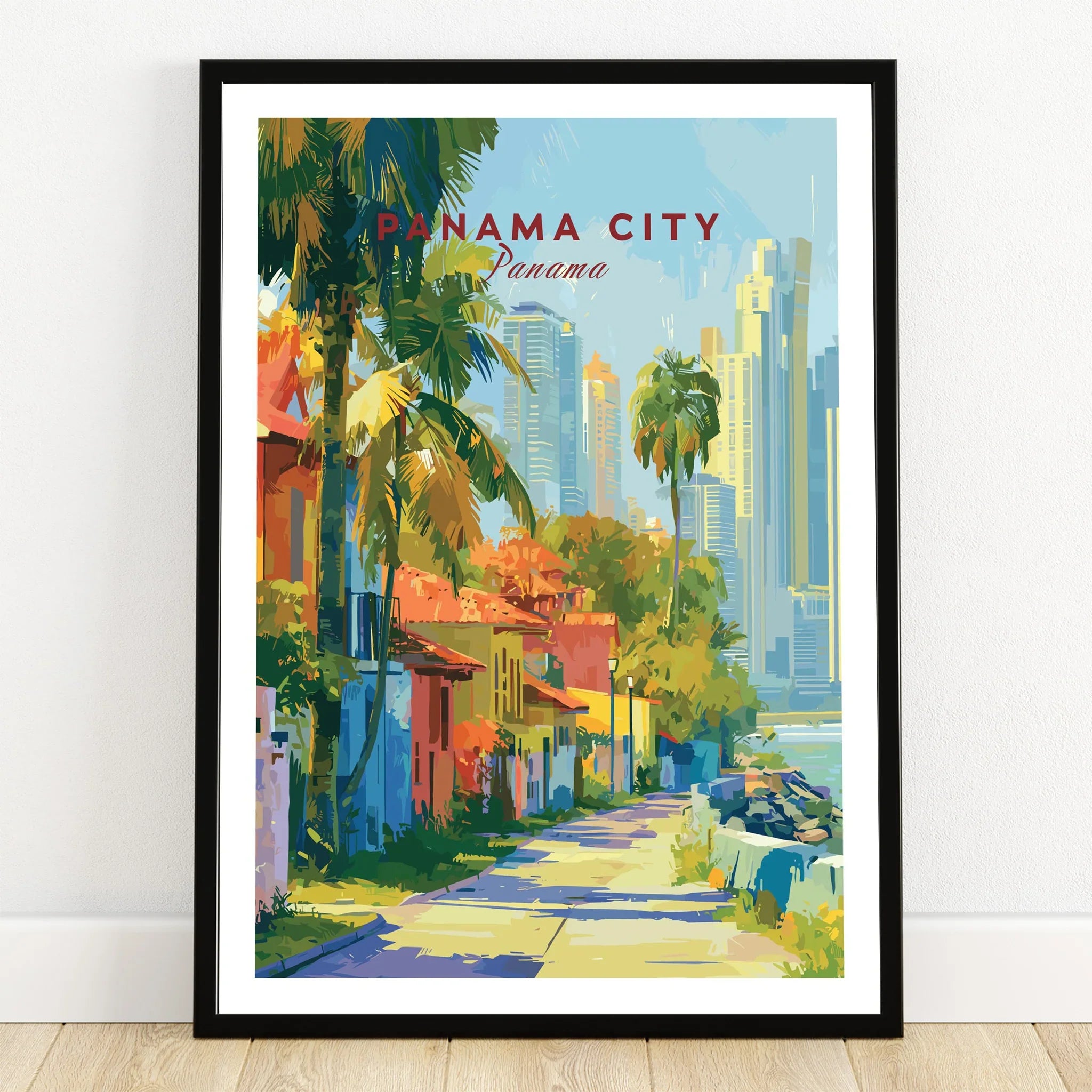 Panama City travel poster with colorful streets, palm trees, and skyline art for home decor