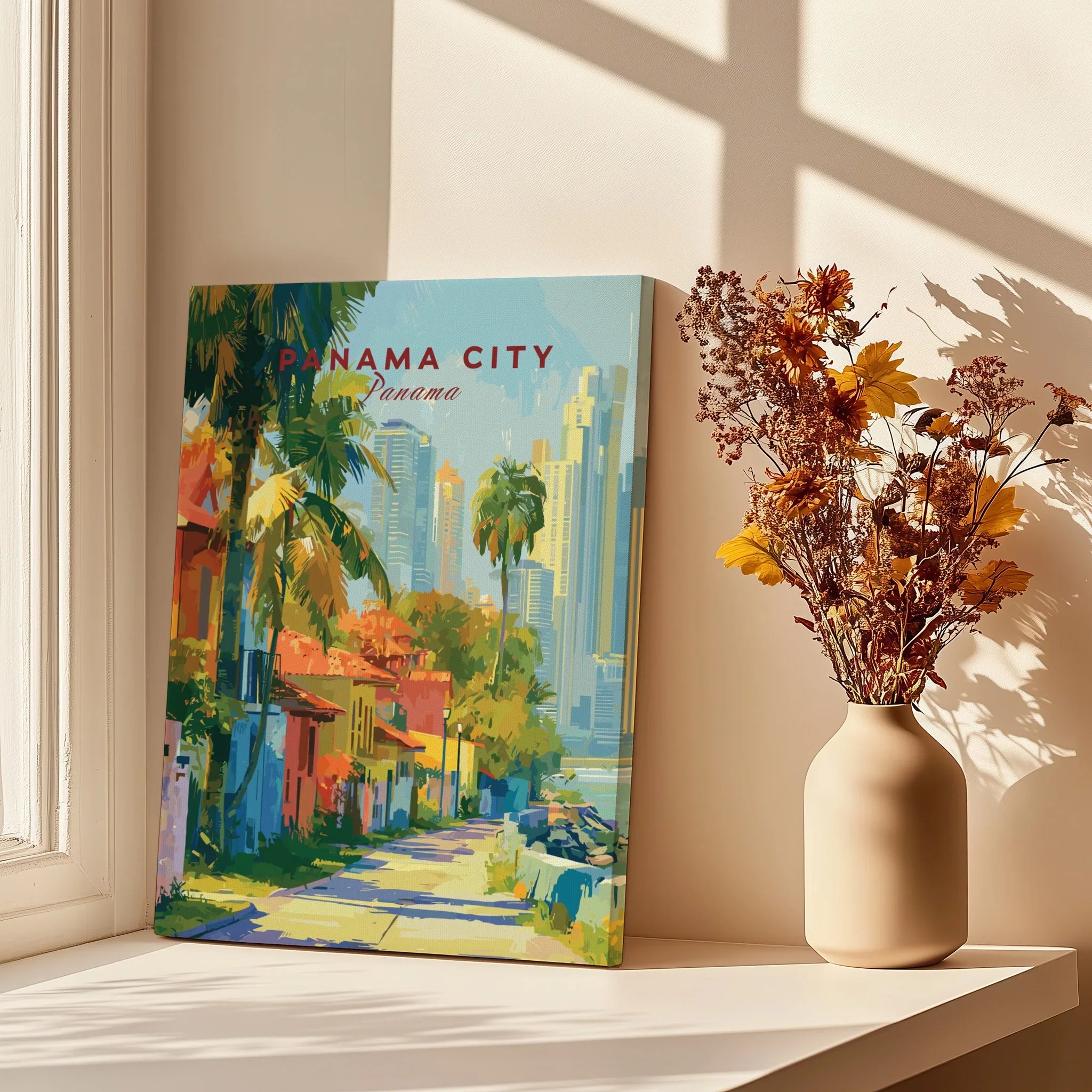 Panama City travel poster with vibrant skyline and palm trees, perfect for city skyline wall art decor