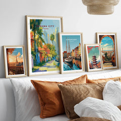 Travel posters of Paris, Panama City, Copenhagen, Tokyo, and Barcelona for home decor