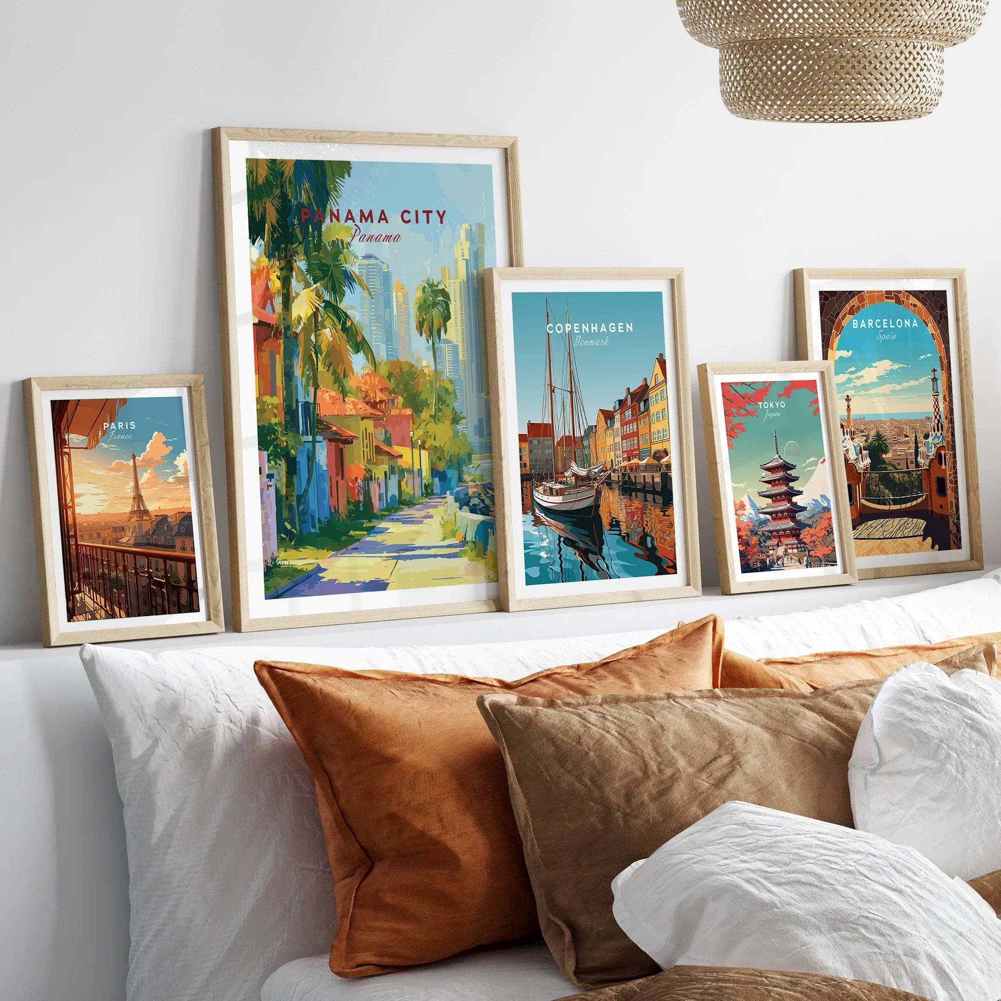 Travel posters of Paris, Panama City, Copenhagen, Tokyo, and Barcelona for home decor