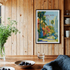 Panama City travel poster with palm trees and skyline, framed wall art for home decor