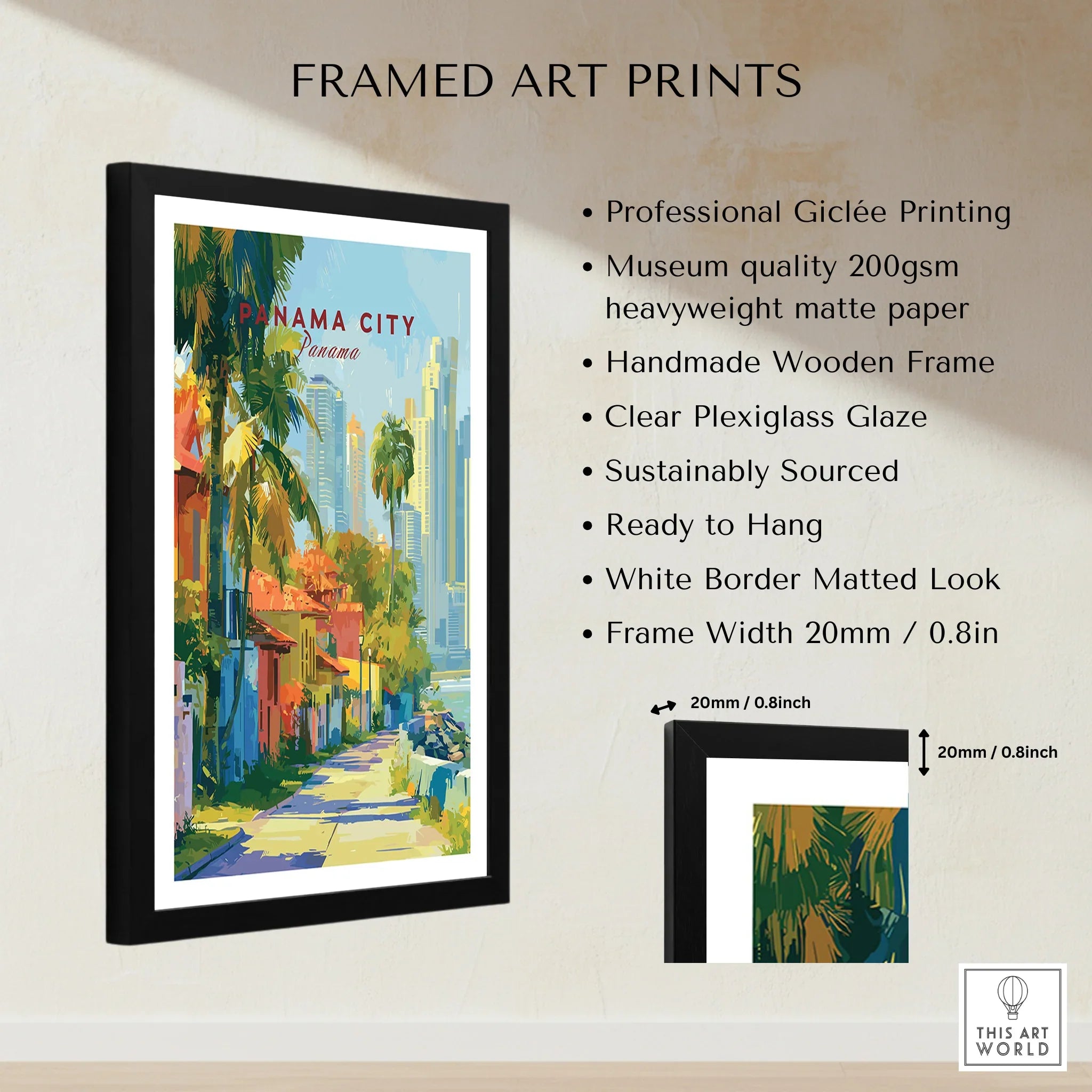 Panama City travel poster with palm trees and skyline, framed art print for home decor