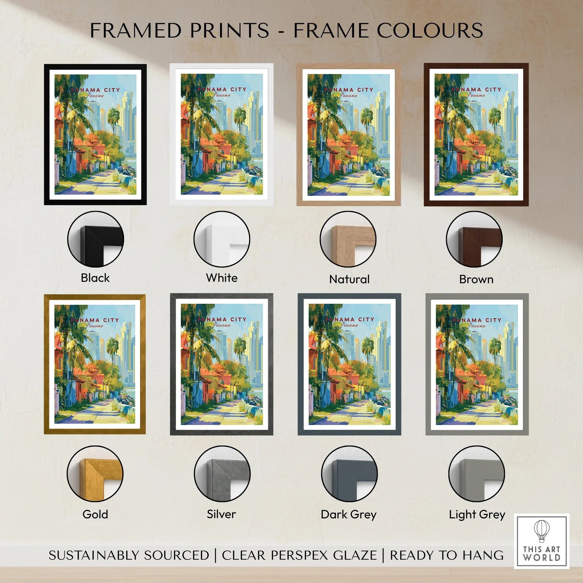Panama City travel poster in various frame colors for home decor