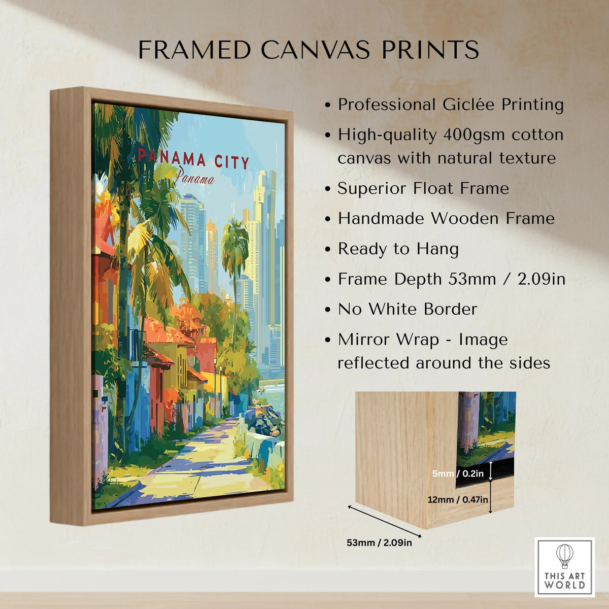 Panama City travel poster with palm trees and skyline, framed canvas print for home decor