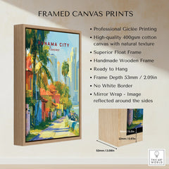 Panama City travel poster with palm trees and skyline, framed canvas print for home decor