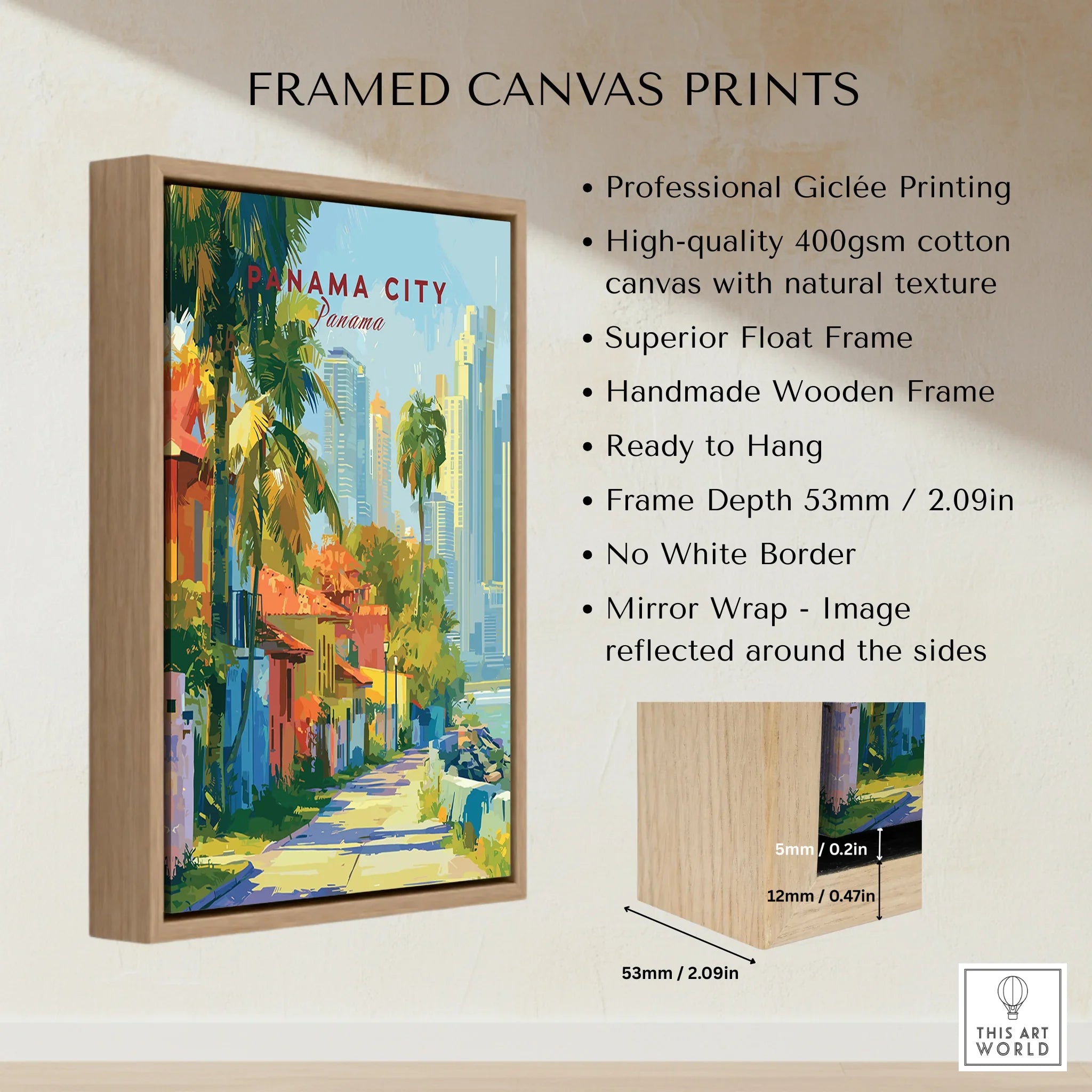 Panama City travel poster with palm trees and skyline, framed canvas print for home decor