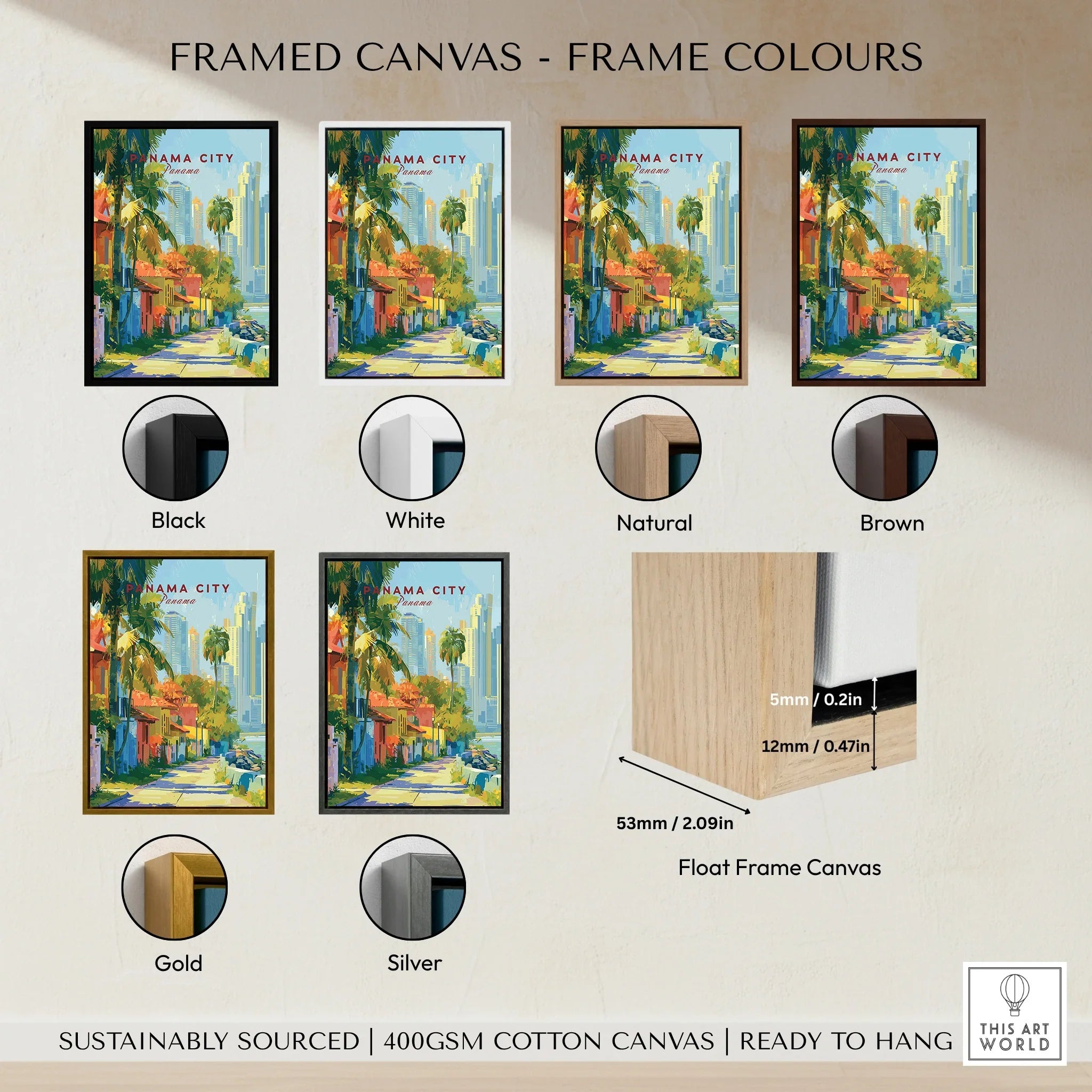 Panama City travel poster in various frame colors, featuring vibrant street art and skyline views