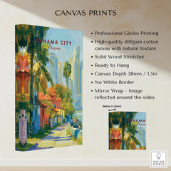 Panama City travel poster canvas print with vibrant skyline and palm trees, ideal for home decor