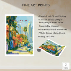 Panama City travel poster with vibrant street scene, palm trees, and skyline for home decor