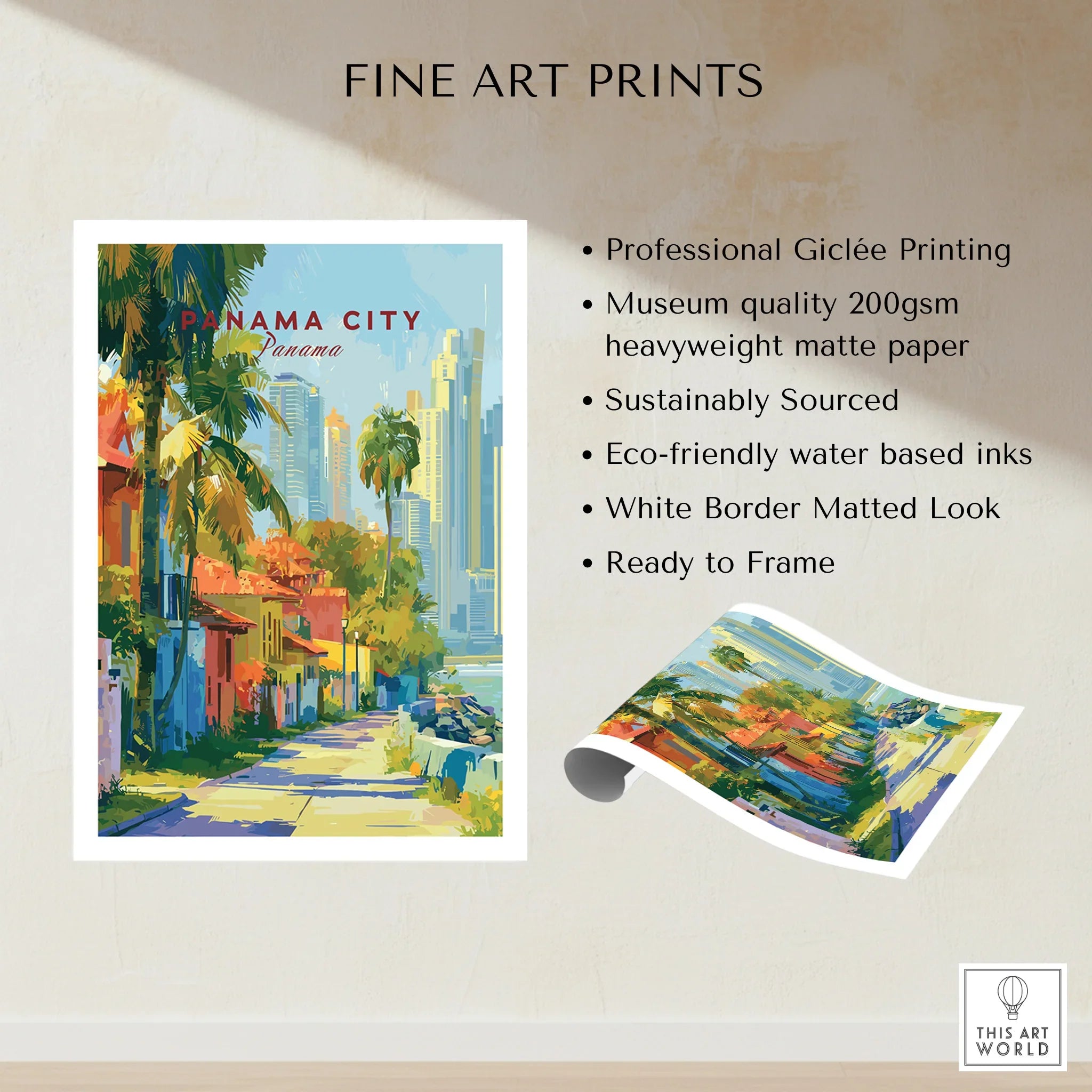 Panama City travel poster with vibrant street scene, palm trees, and skyline for home decor