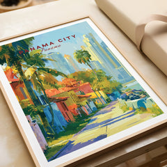 Vibrant Panama City travel poster with palm trees, colorful buildings, and skyline art for home decor