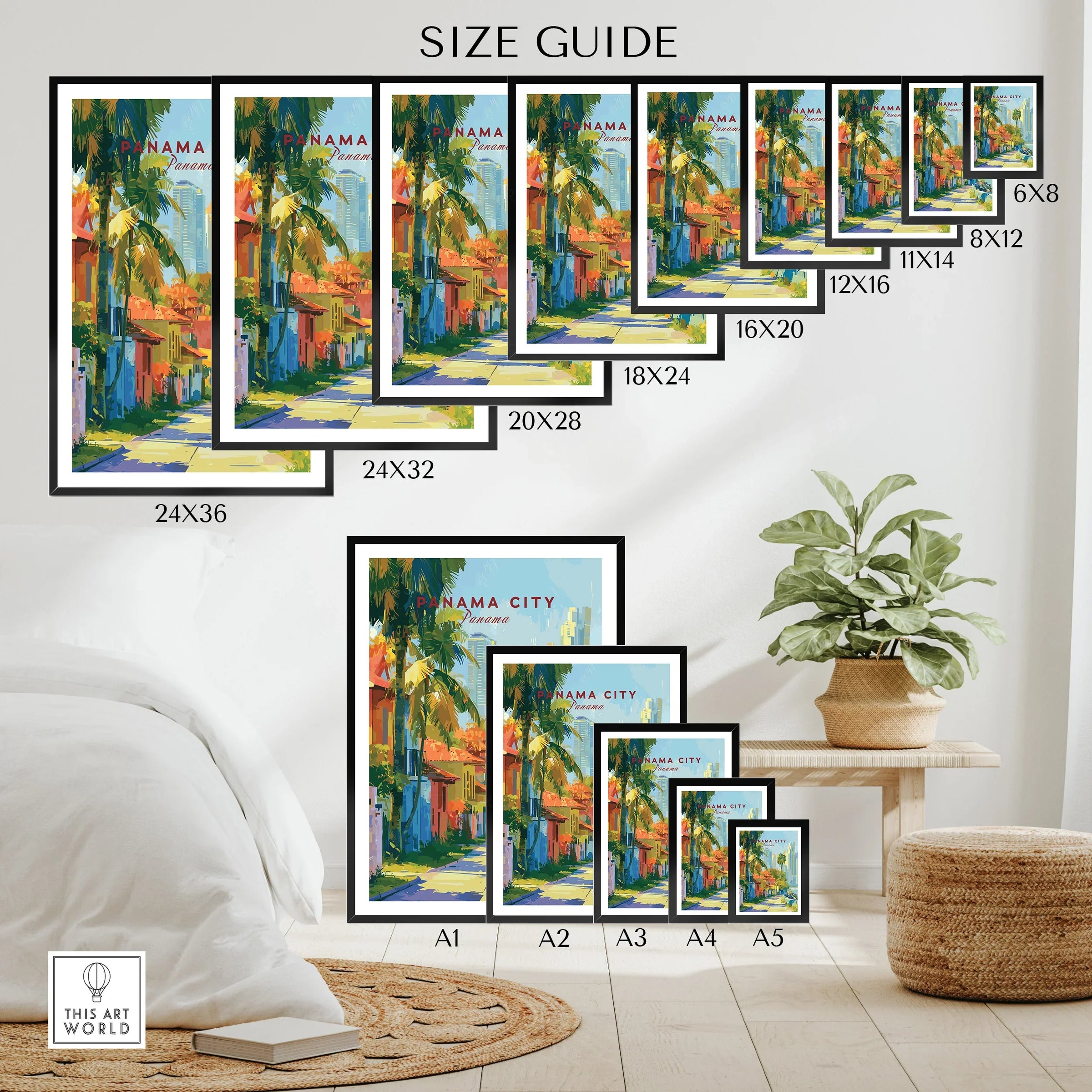 Panama City travel poster size guide for home decor wall art with vibrant street scene