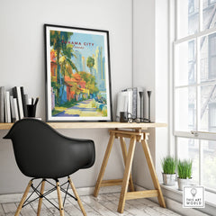 Panama City travel poster with palm trees and skyline, perfect for home decor
