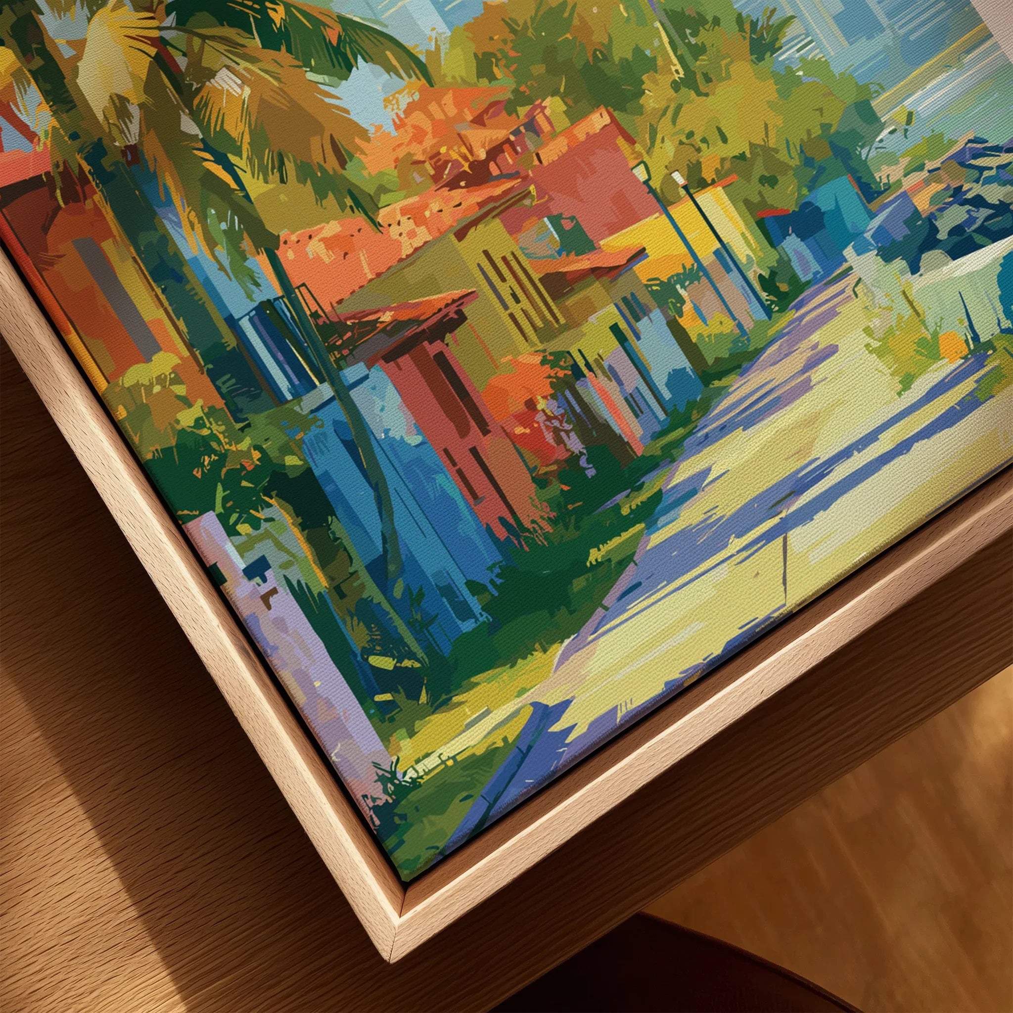 Vibrant tropical street art print with colorful houses and palm trees, perfect for home decor.