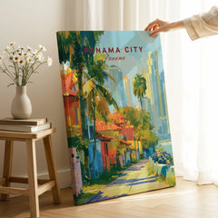 Vibrant Panama City travel poster with palm trees and skyline, perfect for home decor
