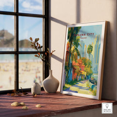 Panama City travel poster with palm trees and skyline, perfect for home decor wall art