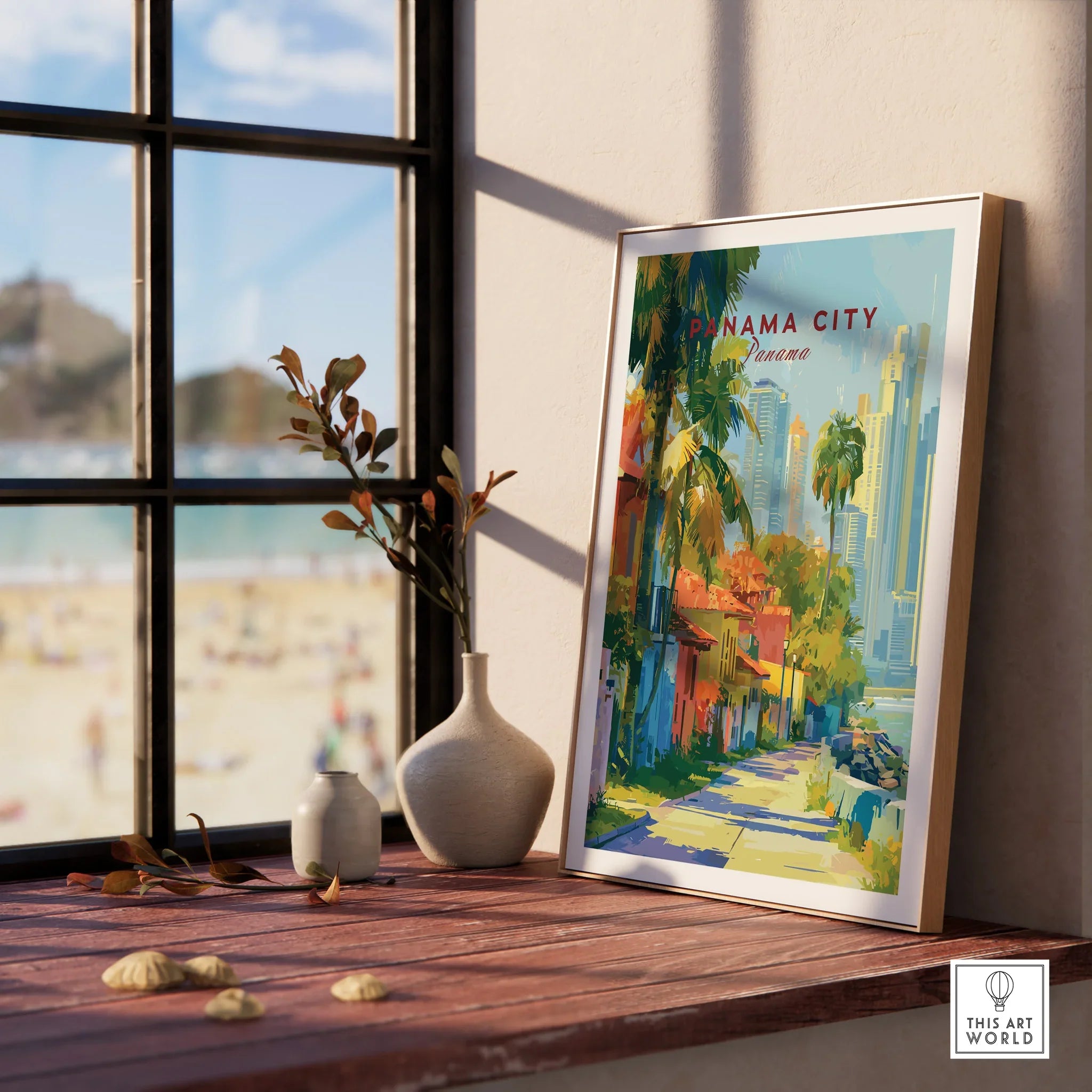Panama City travel poster with palm trees and skyline, perfect for home decor wall art