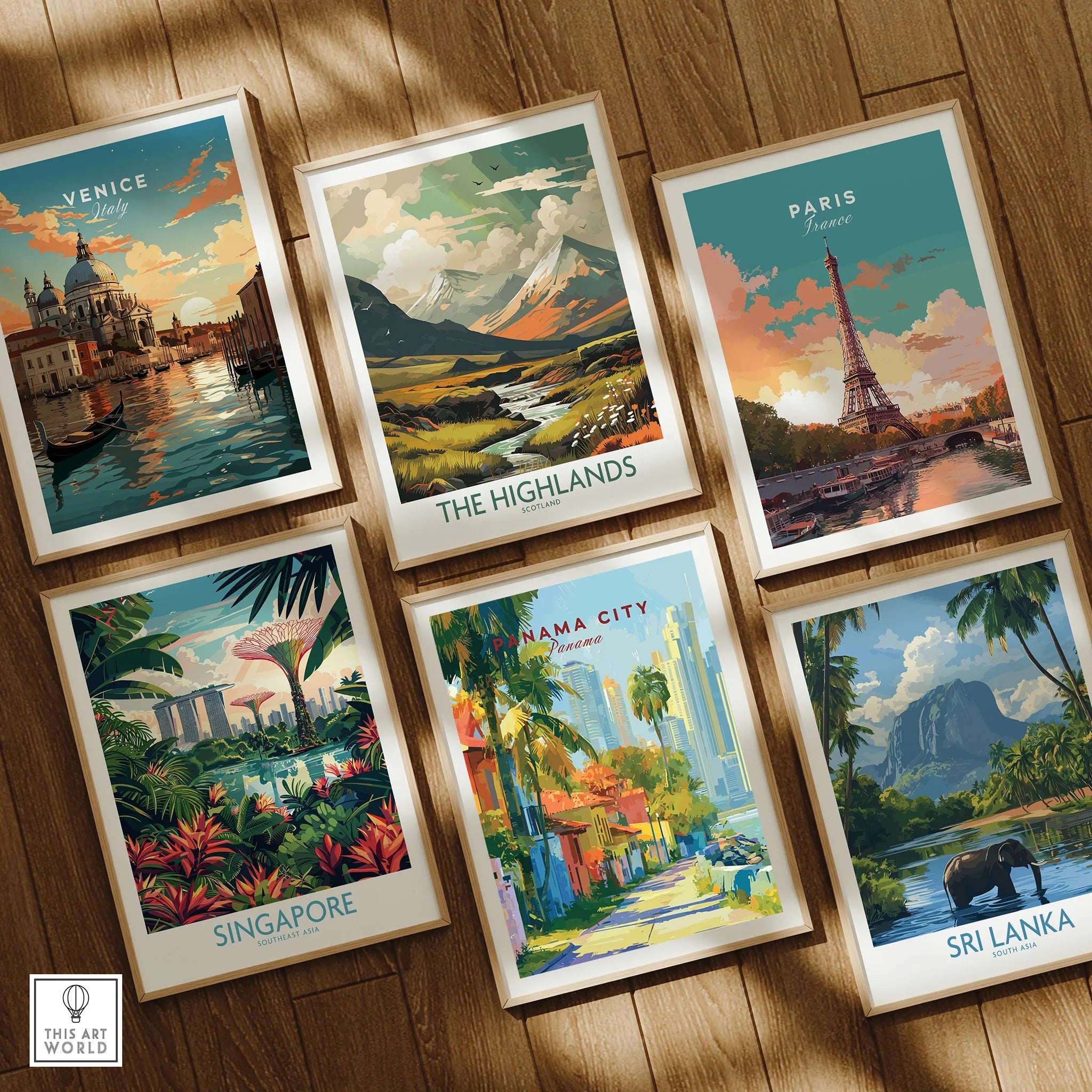 Travel posters featuring Venice, Paris, Singapore, Panama City, Sri Lanka, and The Highlands for wall art decor.