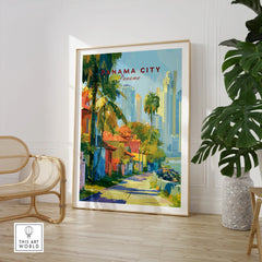 Vibrant Panama City travel poster with palm trees, colorful buildings, and skyline, perfect for wall art decor.