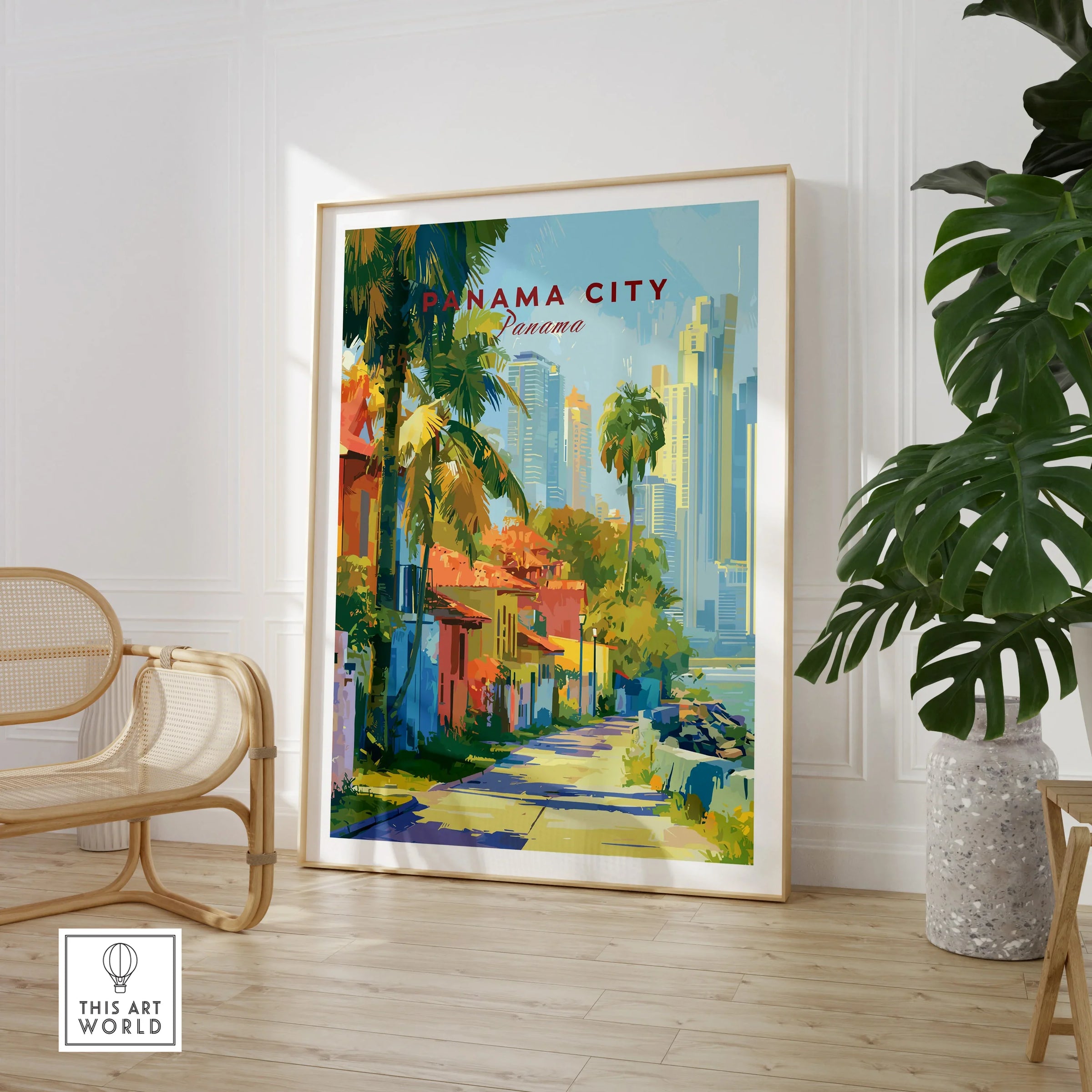 Vibrant Panama City travel poster with palm trees, colorful buildings, and skyline, perfect for wall art decor.