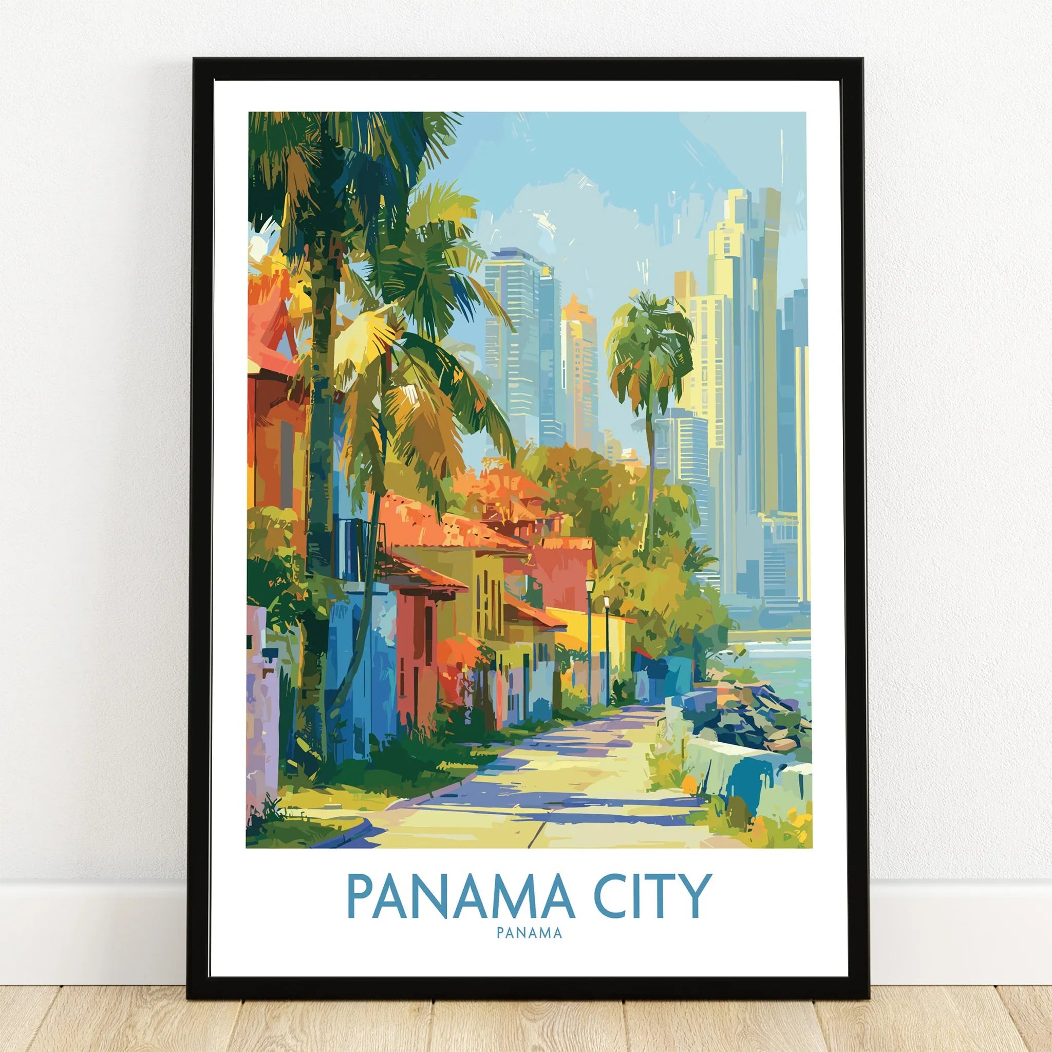 Panama City travel poster with colorful buildings, palm trees, and skyline for wall art decor