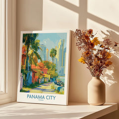 Panama City travel poster with vibrant skyline, palm trees, and colorful buildings for home decor