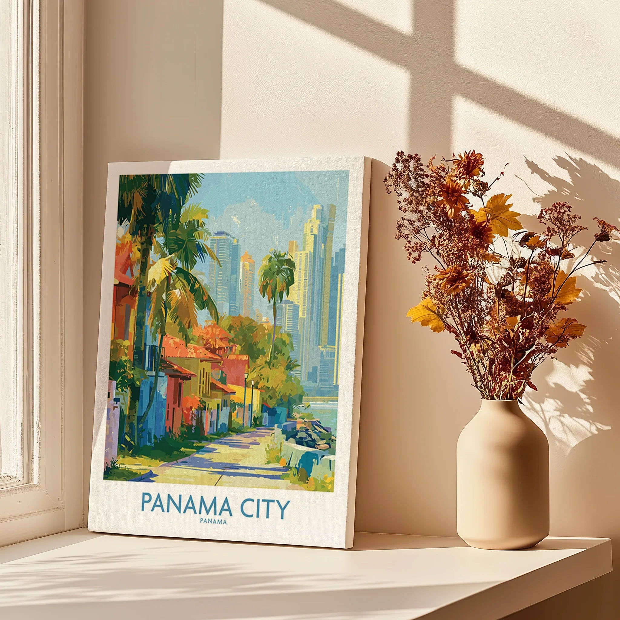 Panama City travel poster with vibrant skyline, palm trees, and colorful buildings for home decor