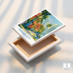 Panama City travel poster with vibrant skyline and palm trees, perfect for wall art decor