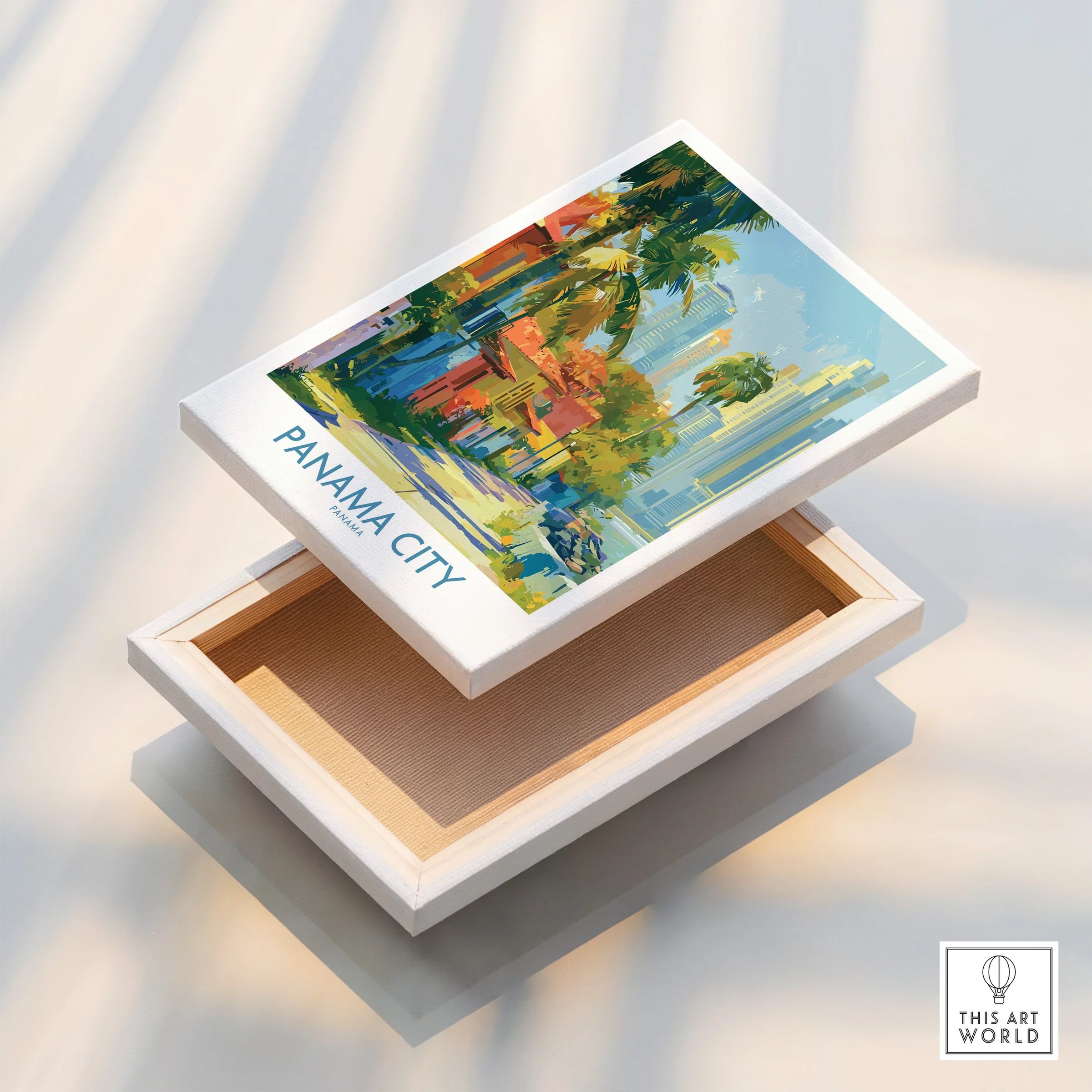 Panama City travel poster with vibrant skyline and palm trees, perfect for wall art decor
