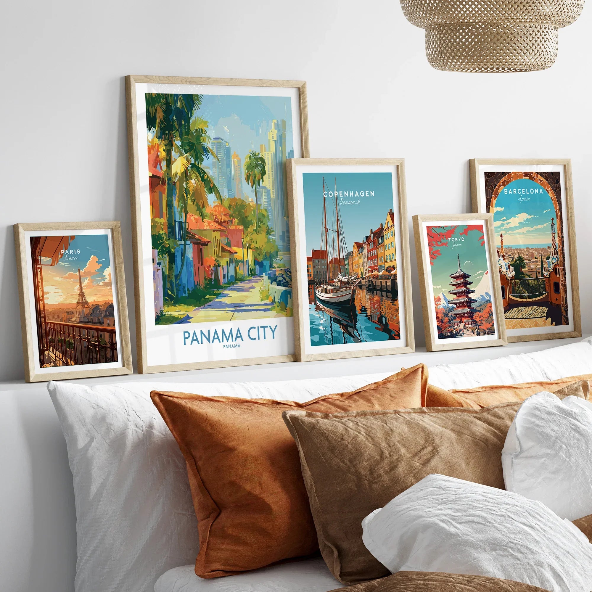 Framed travel posters of Paris, Panama City, Copenhagen, Tokyo, and Barcelona for home decor