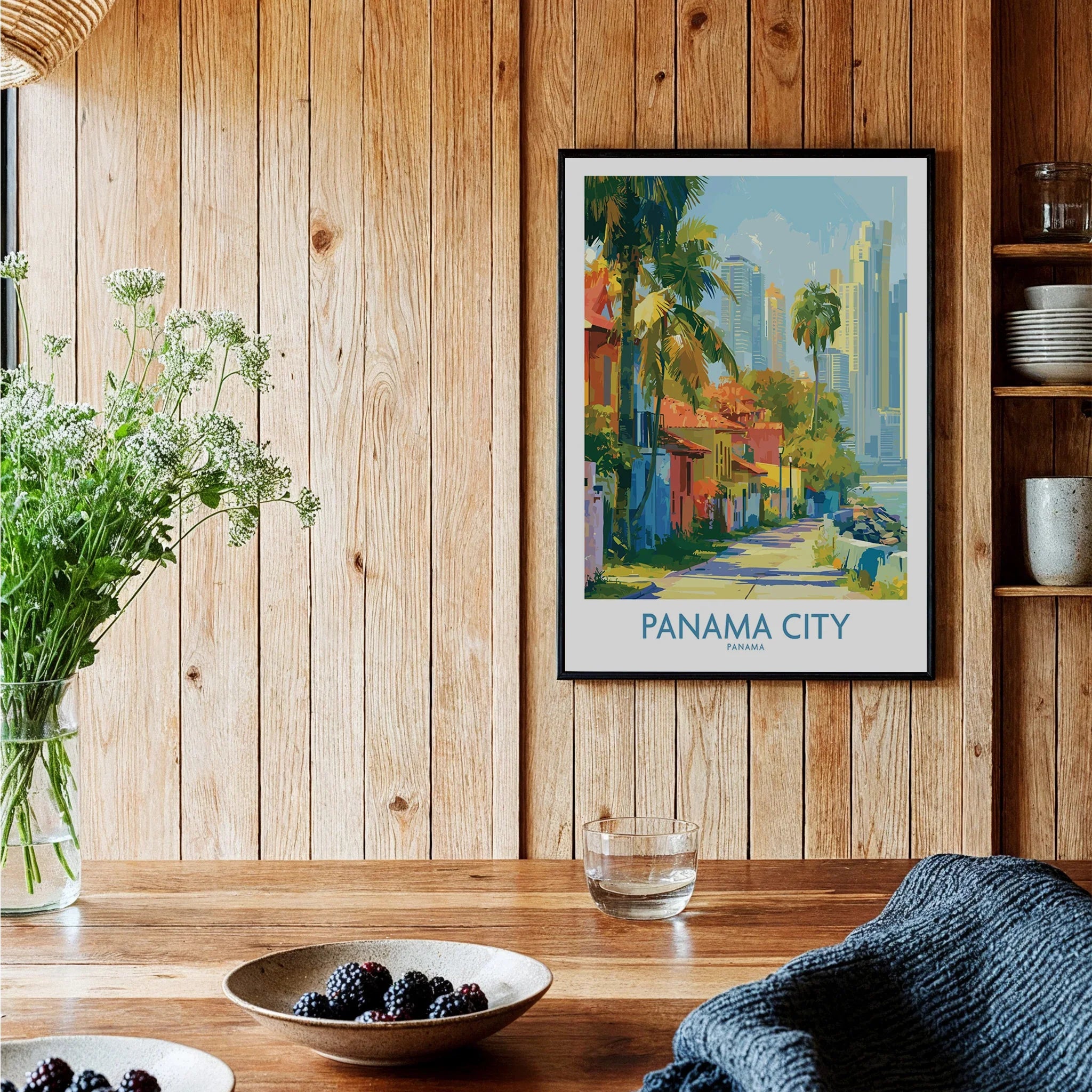 Panama City travel poster with colorful buildings, palm trees, and skyline, framed on wood wall for home decor