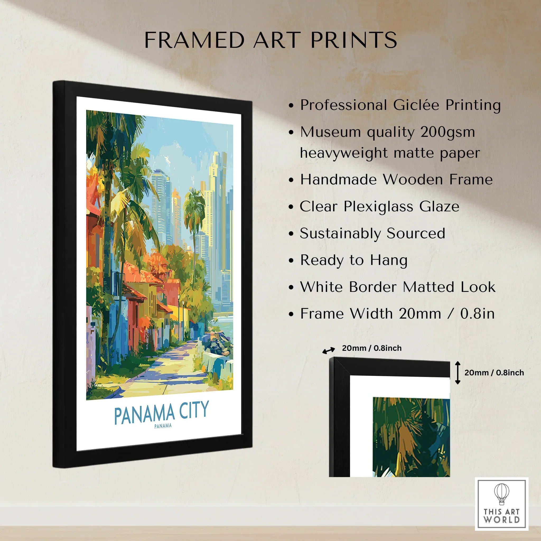Framed Panama City travel poster with palm trees and skyline, perfect wall art for home decor