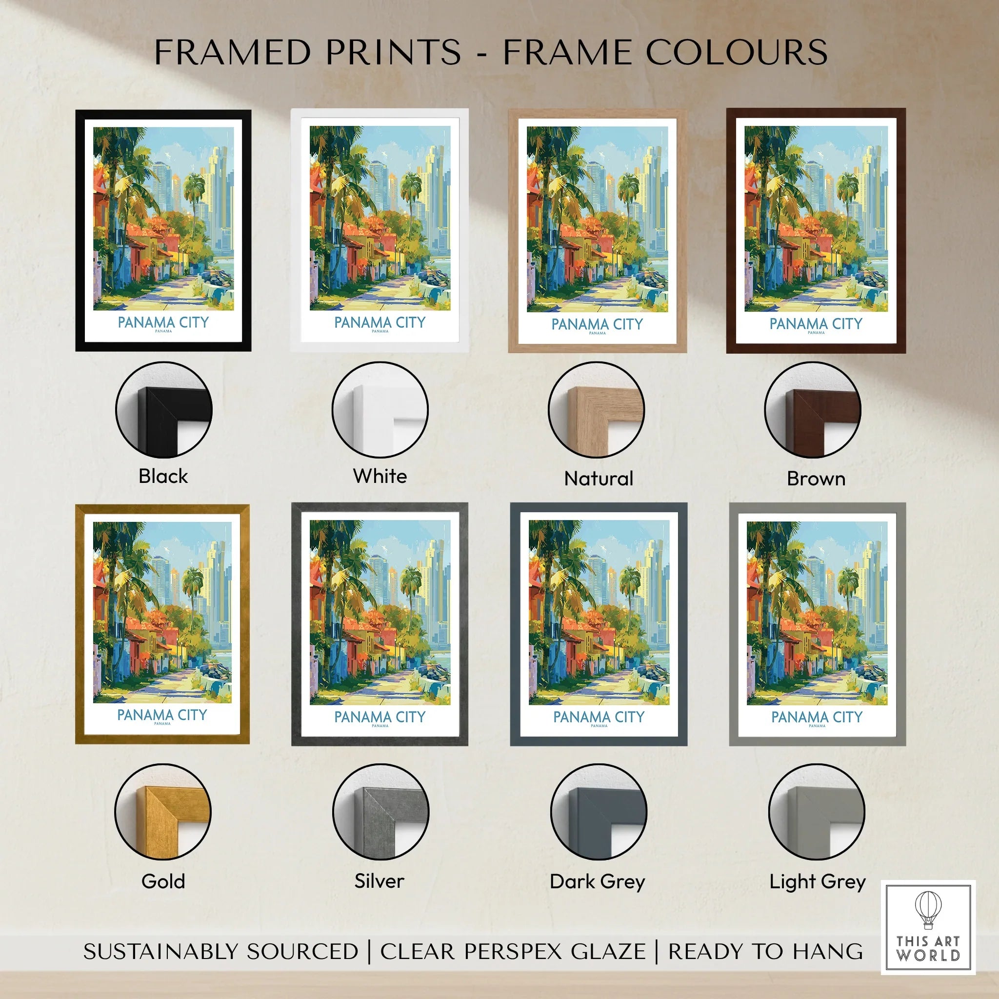 Panama City travel poster in 8 frame colors: black, white, natural, brown, gold, silver, dark grey, light grey