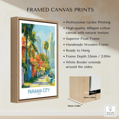 Framed Panama City travel poster with palm trees, colorful buildings, and skyline, ready to hang wall art