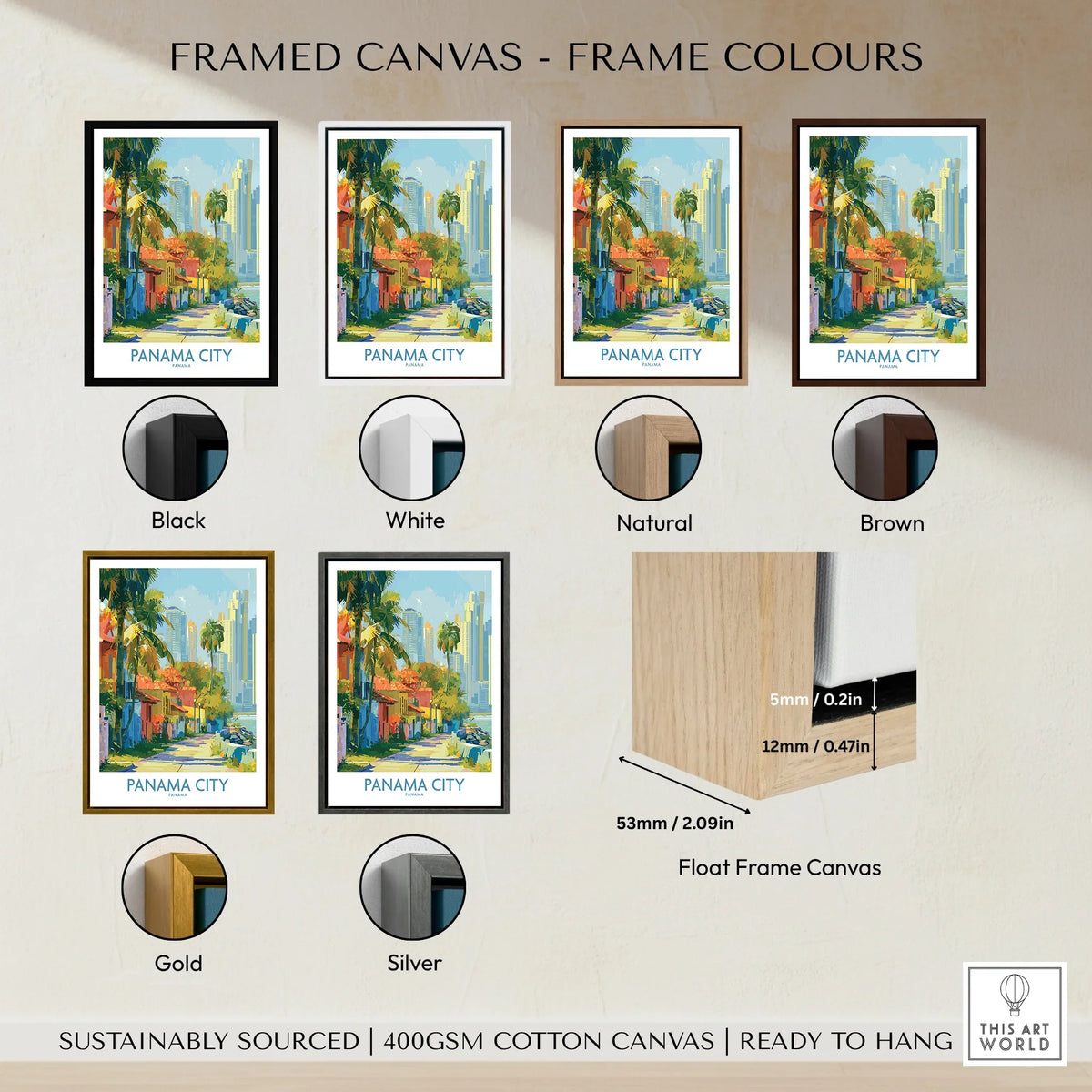 Panama City travel poster in black, white, natural, brown, gold, and silver frames, ready to hang