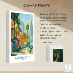 Panama City travel poster canvas print with palm trees and skyline, ready to hang wall art